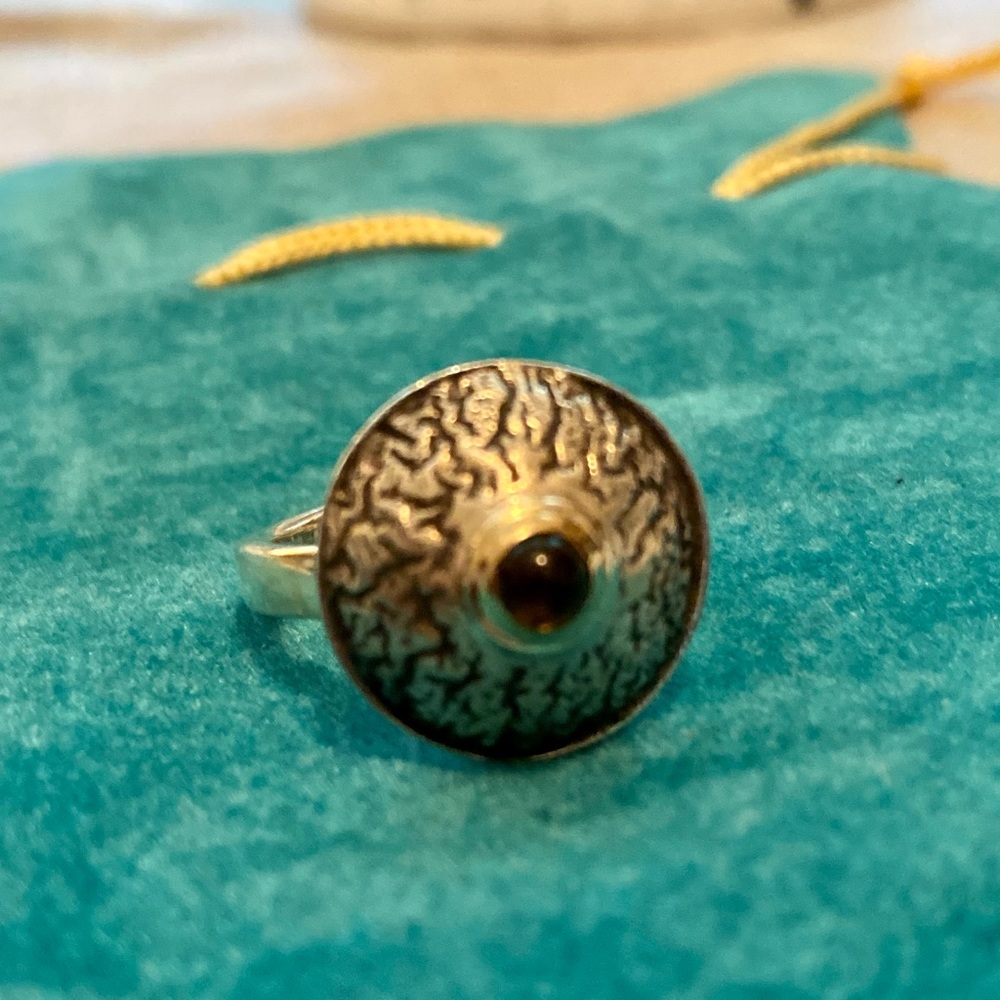 Dome Shield Sterling Silver Ring with Smooth Amber Bead - From Greece - Picture 7 of 10